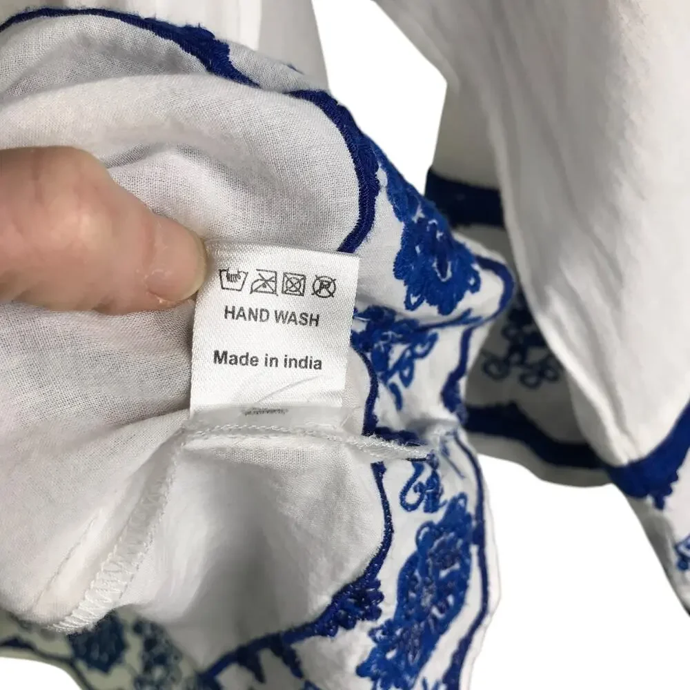 Love Sam Wns Boho Top White One Sz Embroidered Blue Floral‎ Elastic Off Shoulder